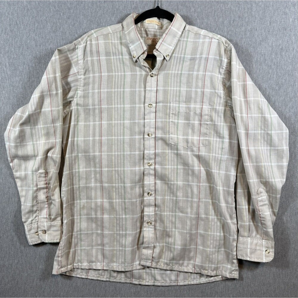 The Fox Collection Men's L Button Down Shirt Plaid Beige Red Green Long Sleeve